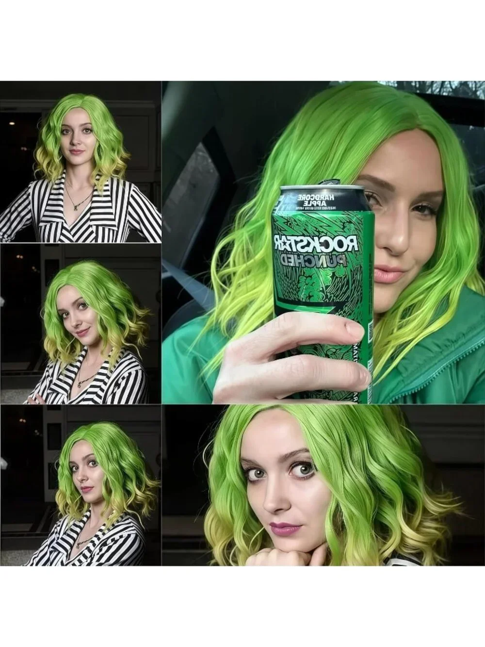 Women's Green Yellow Wavy Curly Bob Heat Resistant Cosplay Halloween Wig